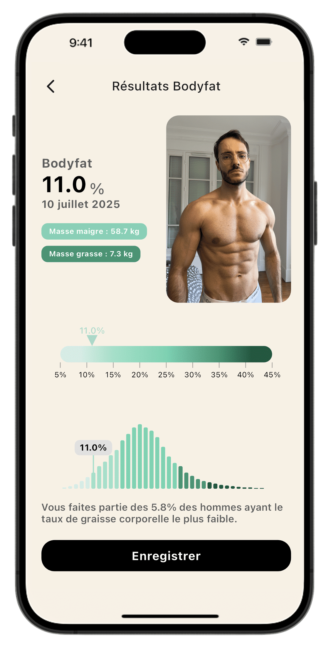 Autre exemple des résultats bodyfat pour un homme sur l'application Lean, avec un taux de masse grasse calculé à 11.0%.