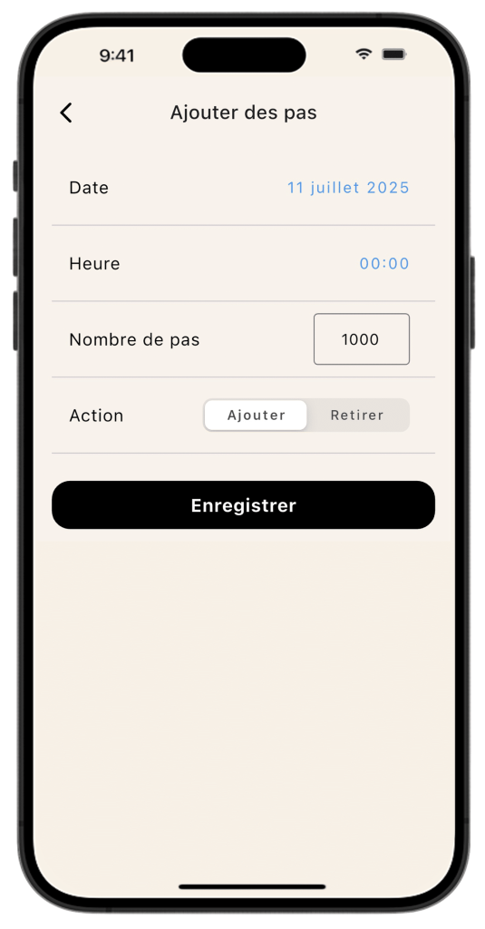Interface pour ajouter ou retirer manuellement des pas dans l'application Lean, avec des champs pour la date, l'heure et le nombre de pas.