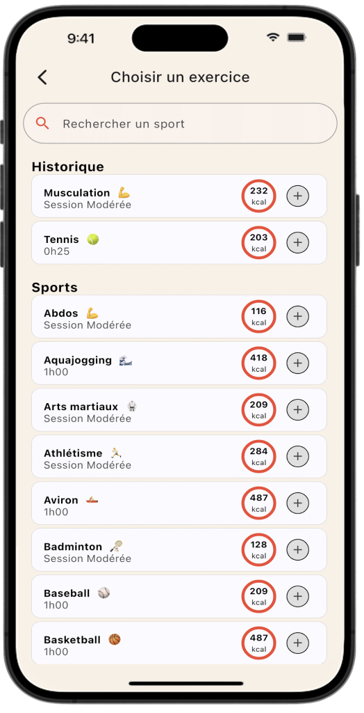 Écran de sélection d'exercices dans l'application Lean, montrant la base de données de sports et d'activités à enregistrer.
