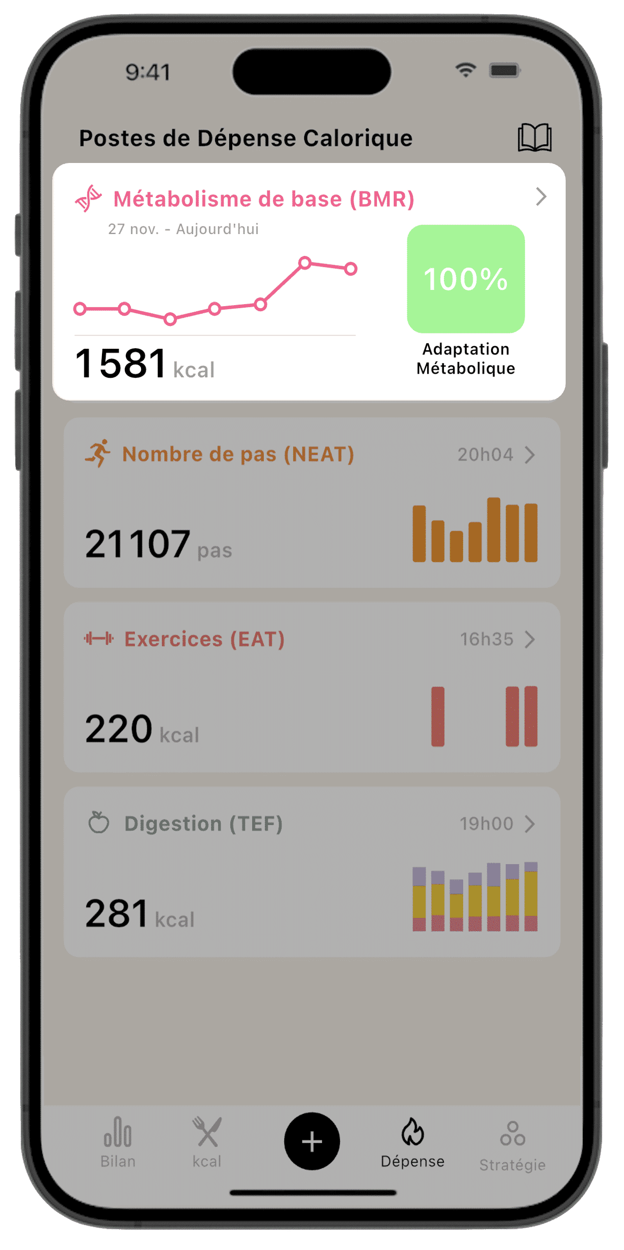 Écran de la Dépense Calorique sur l'application Lean, avec un focus sur le suivi du métabolisme de base (BMR).
