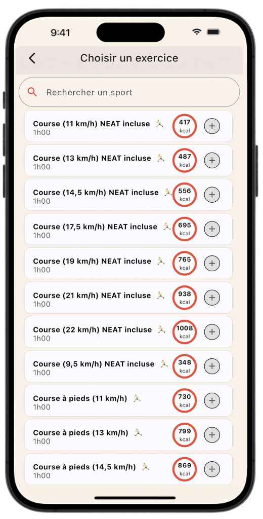 Exemple du calcul des calories pour la course à pied dans l'application Lean, montrant que le NEAT est inclus pour éviter le double comptage.