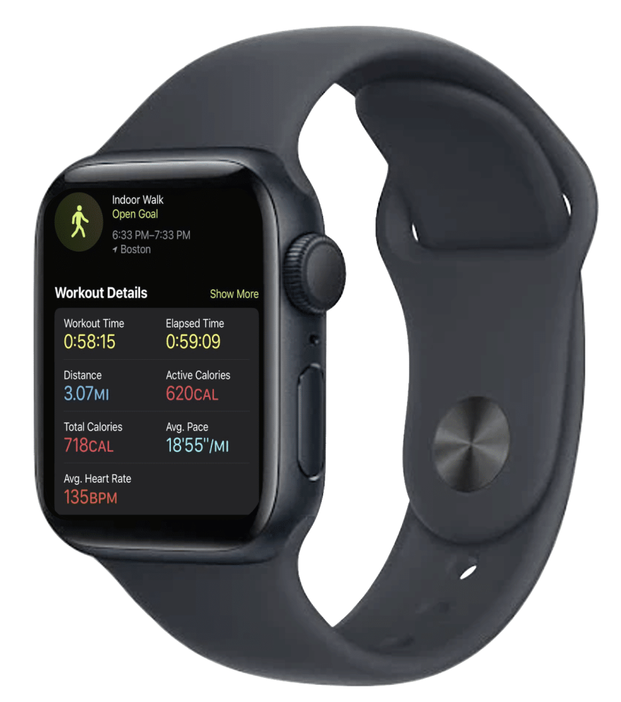 Exemple du calcul de calories imprécis d'une Apple Watch, affichant 718 kcal pour une heure de marche en intérieur.