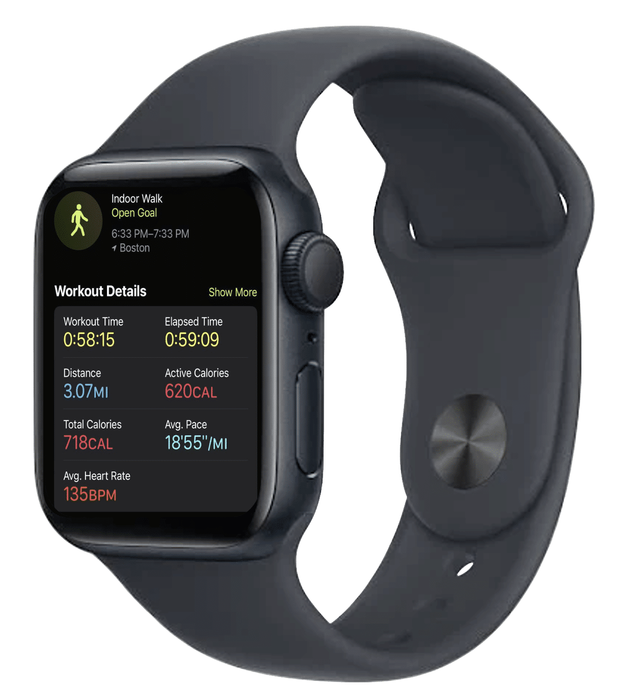 Exemple du calcul de calories imprécis d'une Apple Watch, affichant 718 kcal pour une heure de marche en intérieur.