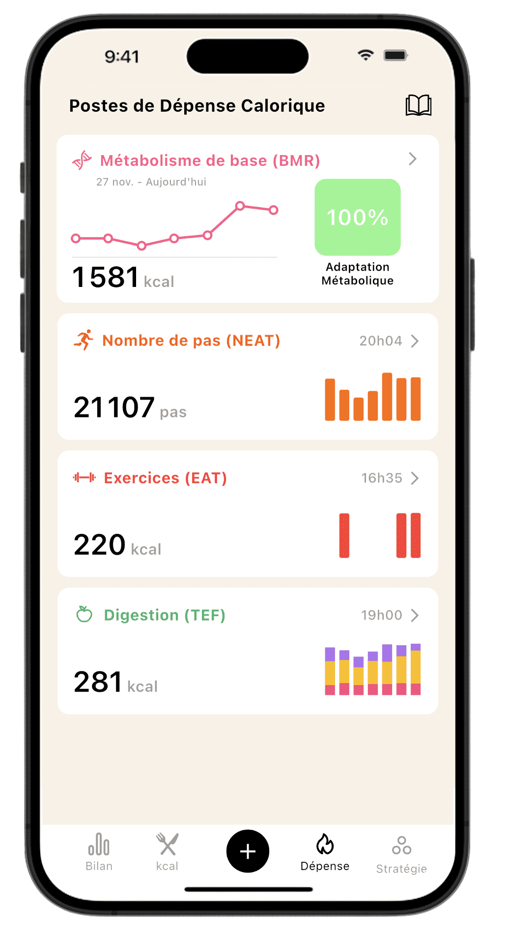 Écran principal de la Dépense Calorique sur l'application Lean, listant les quatre postes de dépense : BMR, NEAT (pas), EAT (exercices) et TEF (digestion).