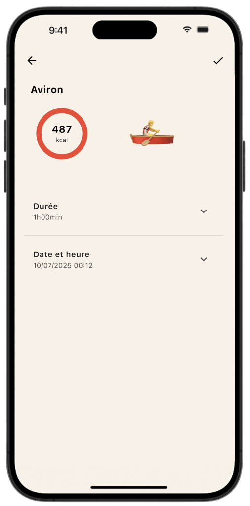 Écran d'enregistrement d'une séance d'aviron sur l'application Lean, montrant le calcul des calories basé sur la durée de l'exercice.