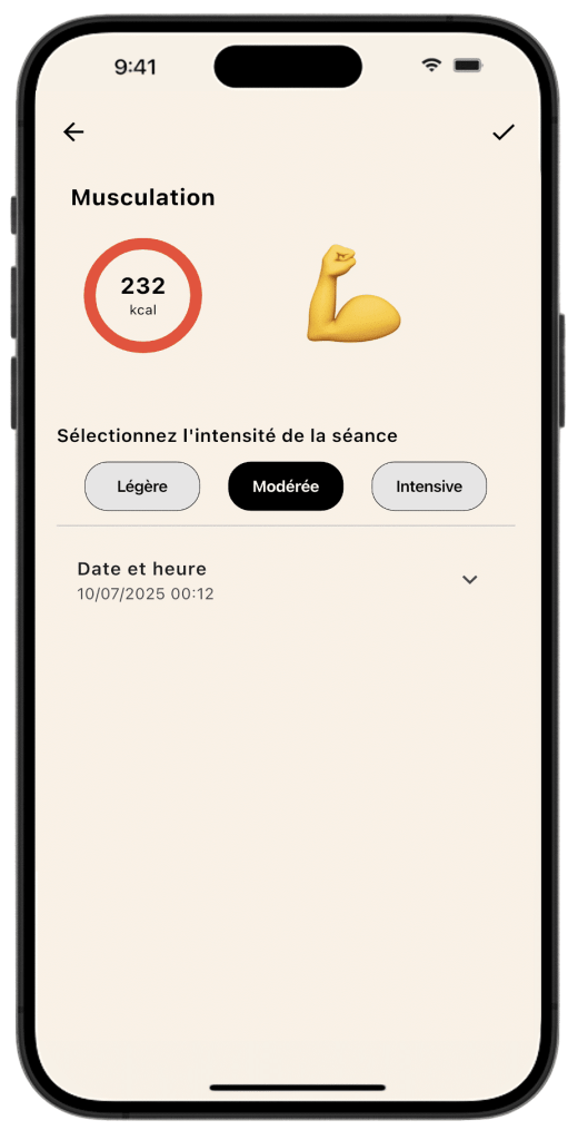 Écran d'enregistrement d'une séance de musculation sur l'application Lean, où l'utilisateur sélectionne l'intensité pour un calcul précis des calories.