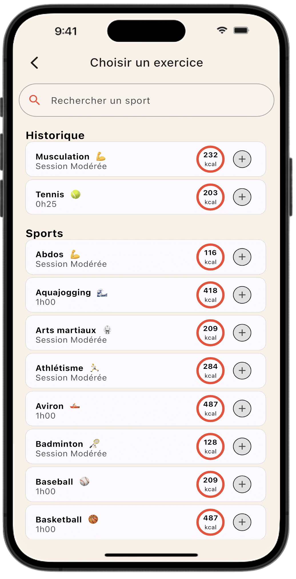 Écran de sélection d'exercices dans l'application Lean, montrant la base de données de sports et d'activités à enregistrer.