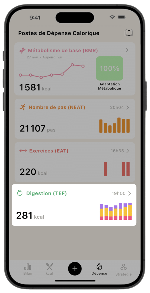 Écran de la Dépense Calorique sur l'application Lean, avec un focus sur le suivi de la digestion (TEF).