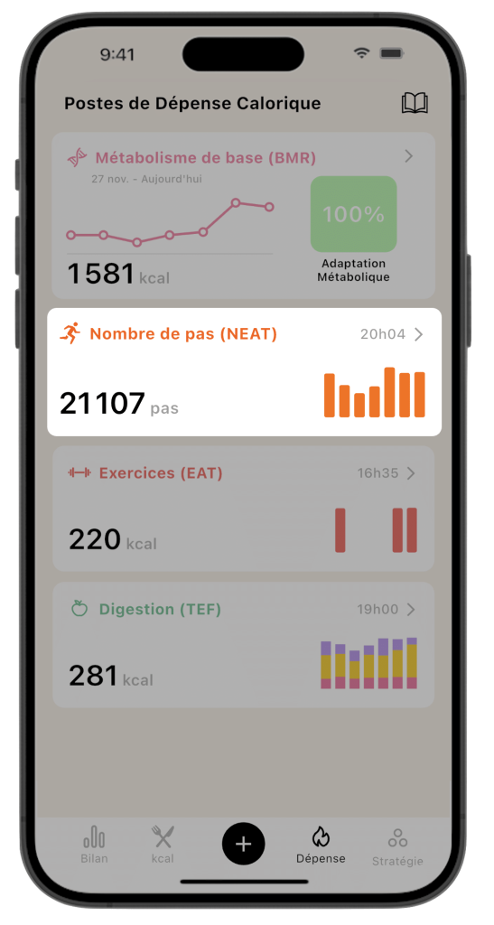 Écran de la Dépense Calorique sur l'application Lean, avec un focus sur le suivi du nombre de pas (NEAT).
