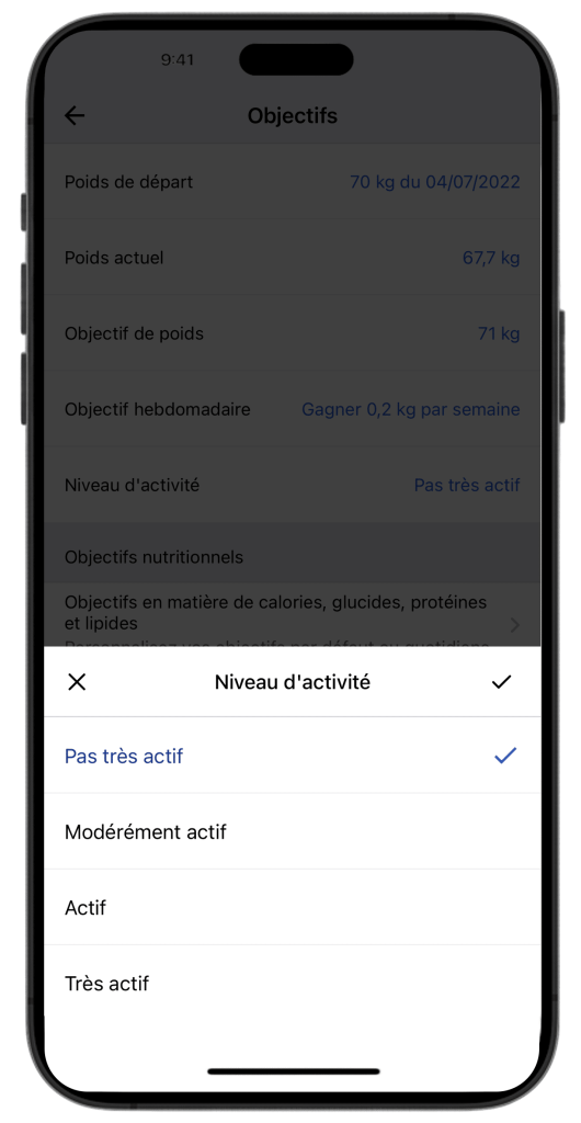 Exemple d'une application de fitness MyfitnessPal utilisant un "niveau d'activité" subjectif et imprécis pour estimer la dépense calorique.