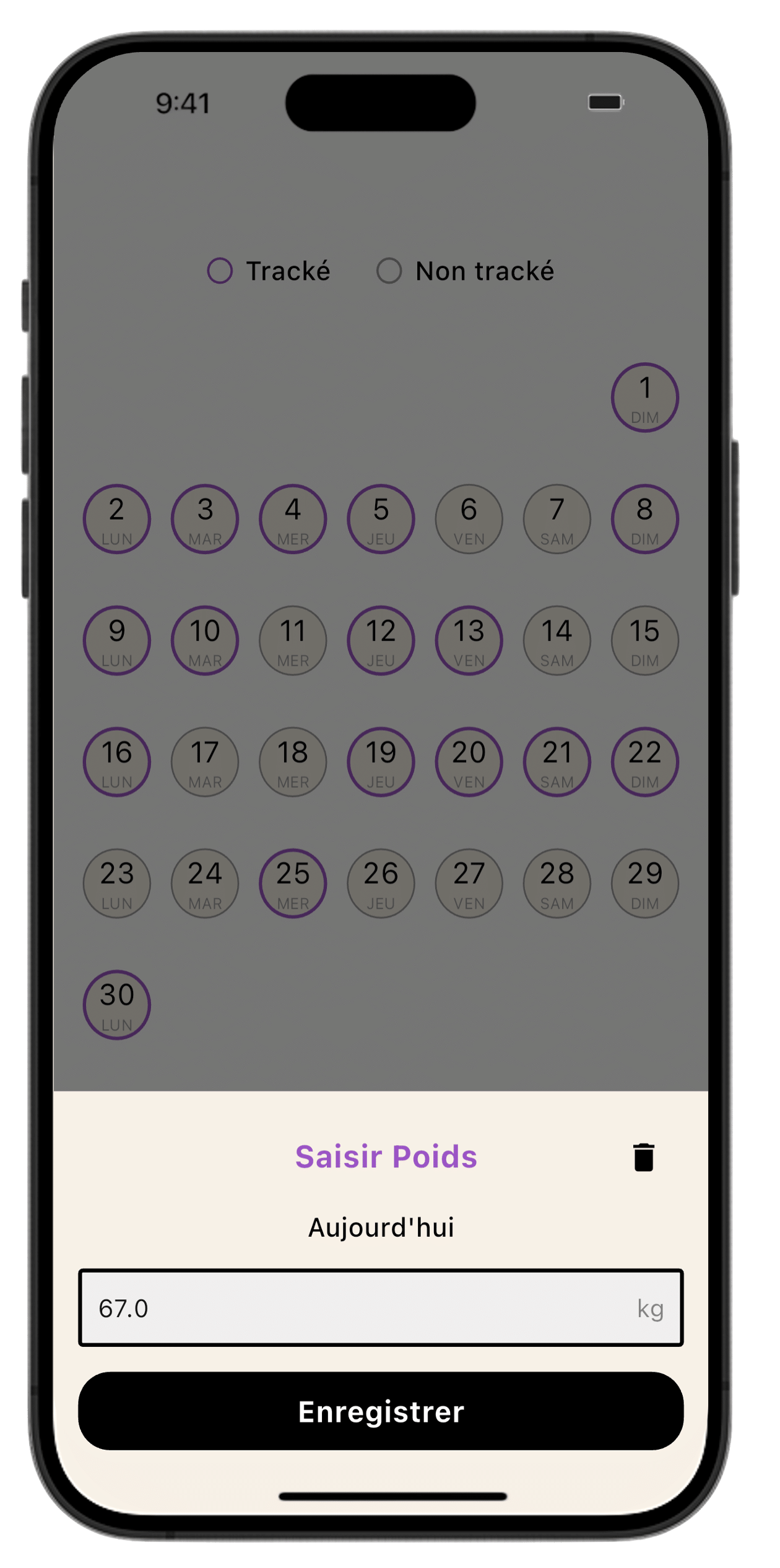 Interface pour saisir le poids journalier dans l'application Lean, utilisant un calendrier pour sélectionner la date.