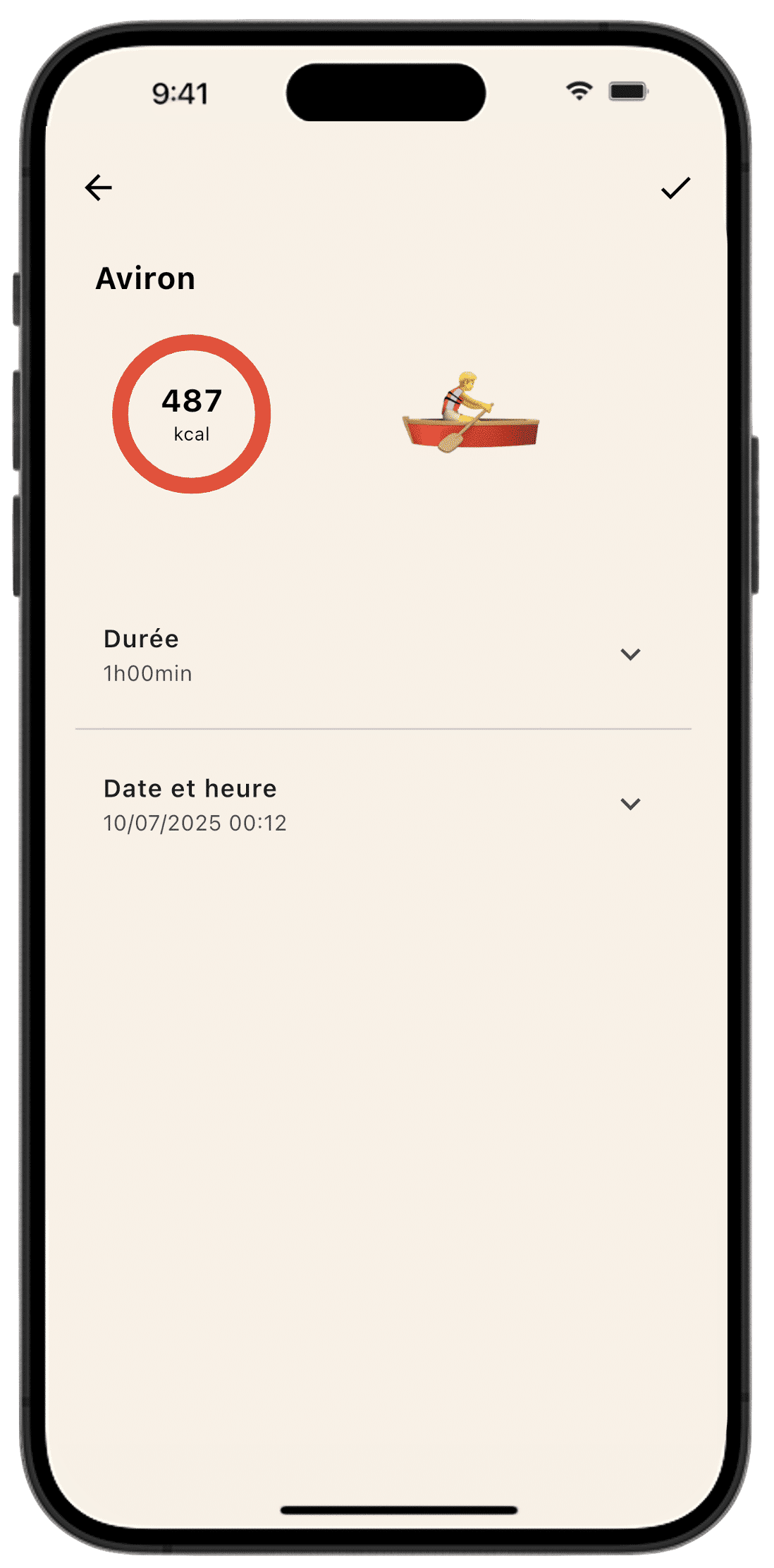 Écran d'enregistrement d'une séance d'aviron sur l'application Lean, montrant le calcul des calories basé sur la durée de l'exercice.