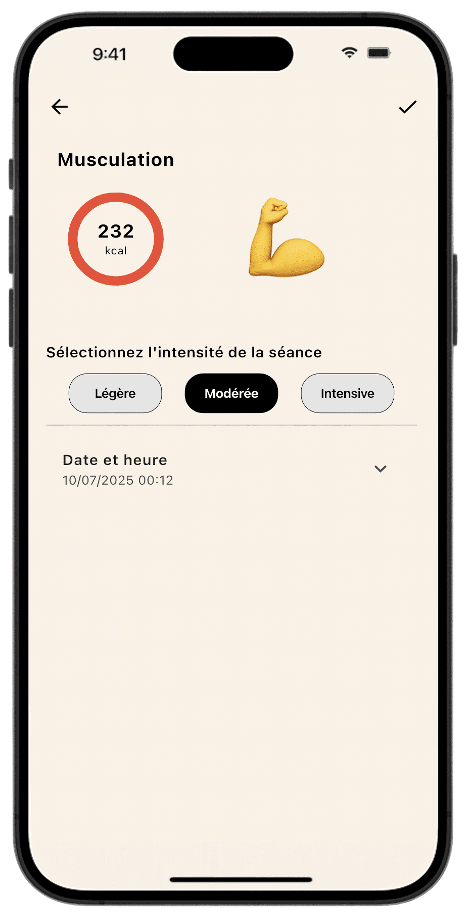Écran d'enregistrement d'une séance de musculation sur l'application Lean, où l'utilisateur sélectionne l'intensité pour un calcul précis des calories.