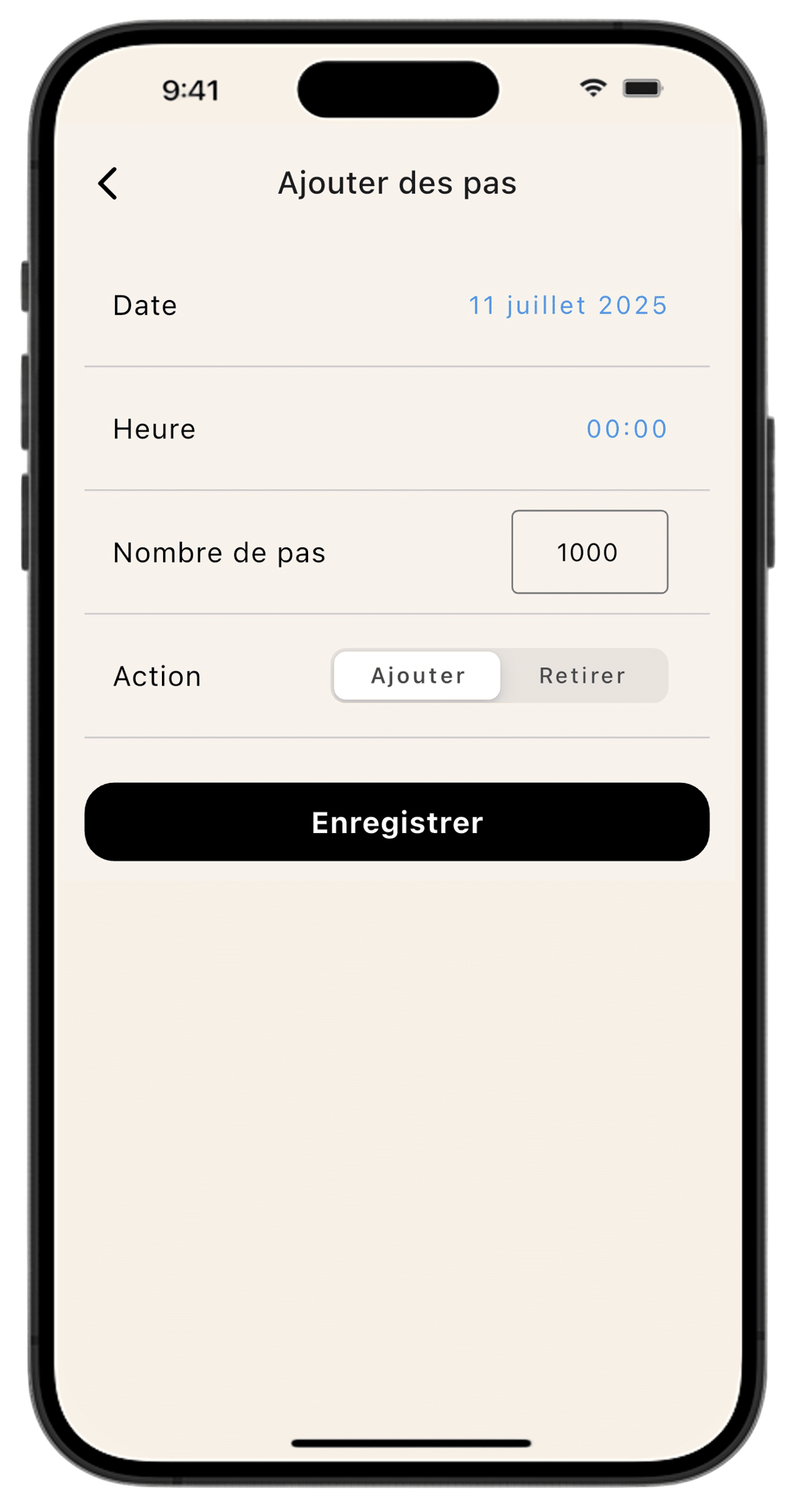 Interface pour ajouter ou retirer manuellement des pas dans l'application Lean, avec des champs pour la date, l'heure et le nombre de pas.