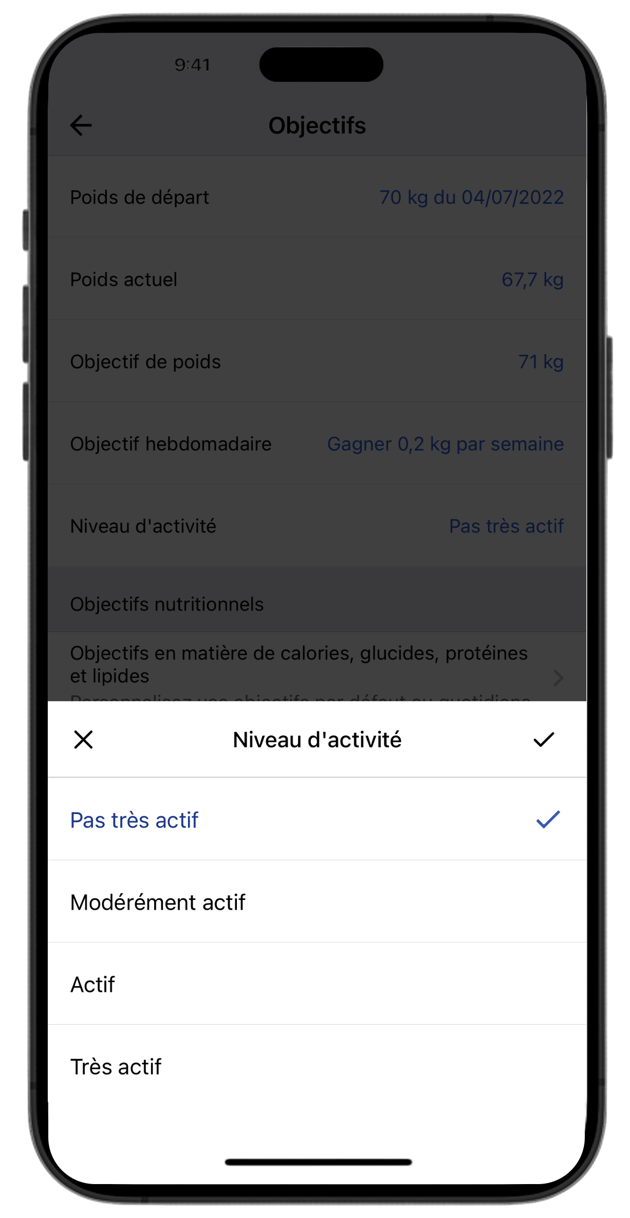 Exemple d'une application de fitness MyfitnessPal utilisant un "niveau d'activité" subjectif et imprécis pour estimer la dépense calorique.