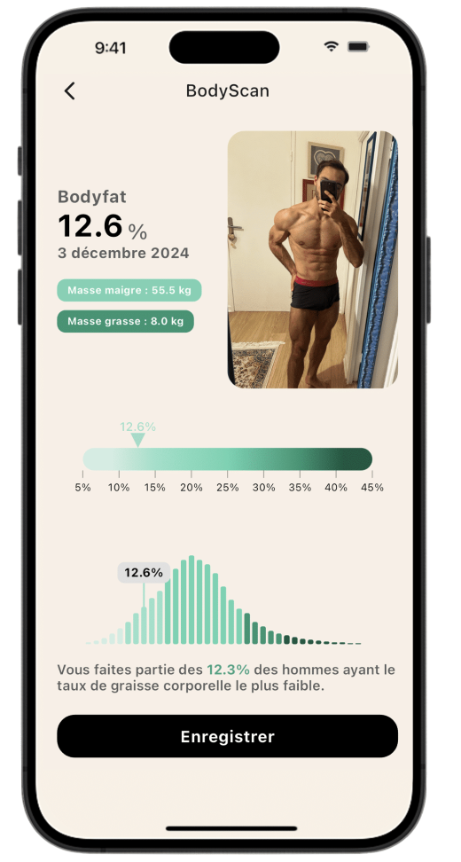Écran de résultat du BodyScan de l'application Lean, affichant un taux de masse grasse de 12.6%, la masse maigre et la masse grasse en kg.