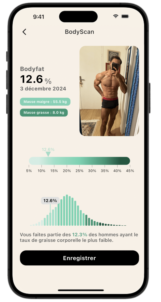 Écran de résultat du BodyScan de l'application Lean, affichant un taux de masse grasse de 12.6%, la masse maigre et la masse grasse en kg.