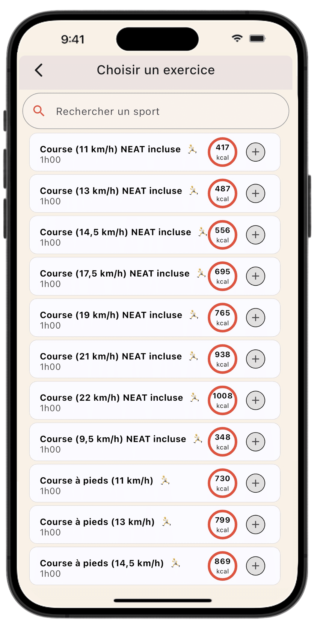 Exemple du calcul des calories pour la course à pied dans l'application Lean, montrant que le NEAT est inclus pour éviter le double comptage.