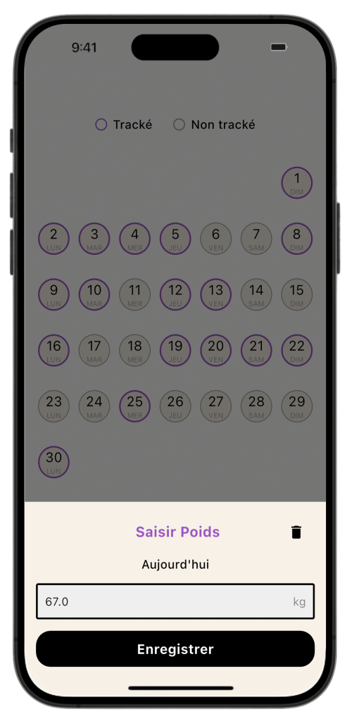 Interface pour saisir le poids journalier dans l'application Lean, utilisant un calendrier pour sélectionner la date.