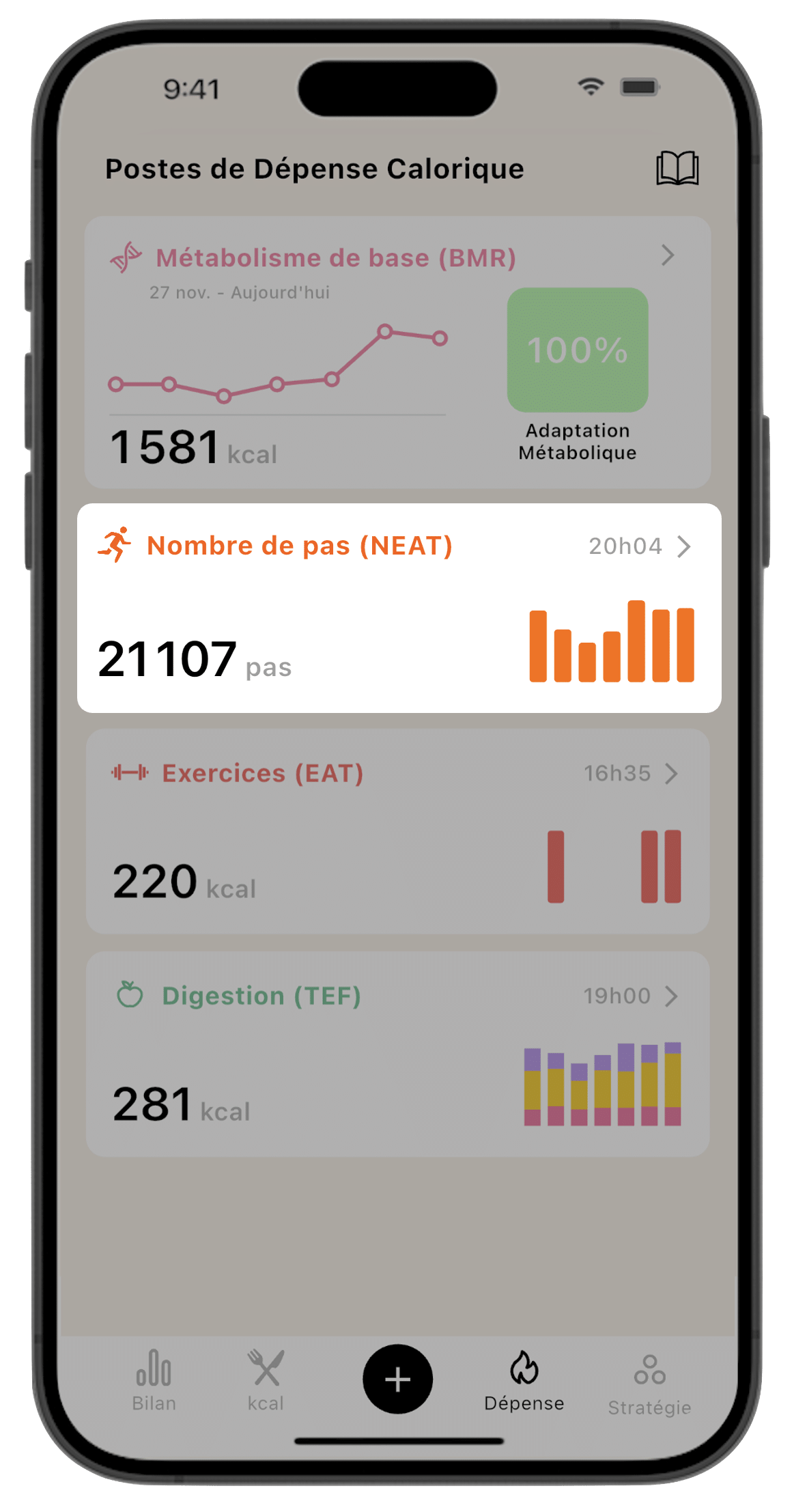Écran de la Dépense Calorique sur l'application Lean, avec un focus sur le suivi du nombre de pas (NEAT).