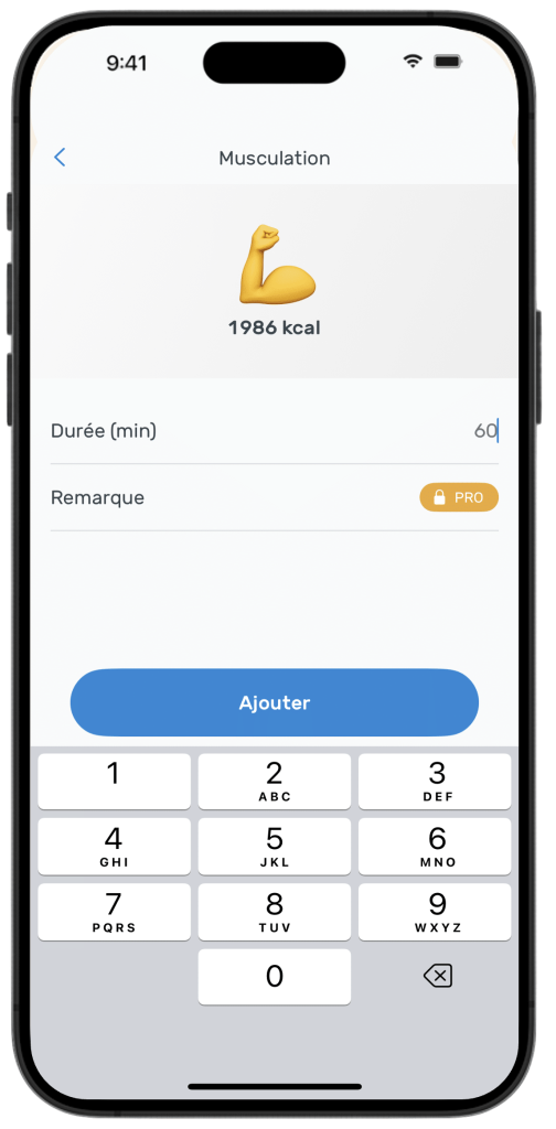 Exemple de la surestimation des calories sur l'application Yazio, qui affiche 1986 kcal pour une séance de musculation de 60 minutes.