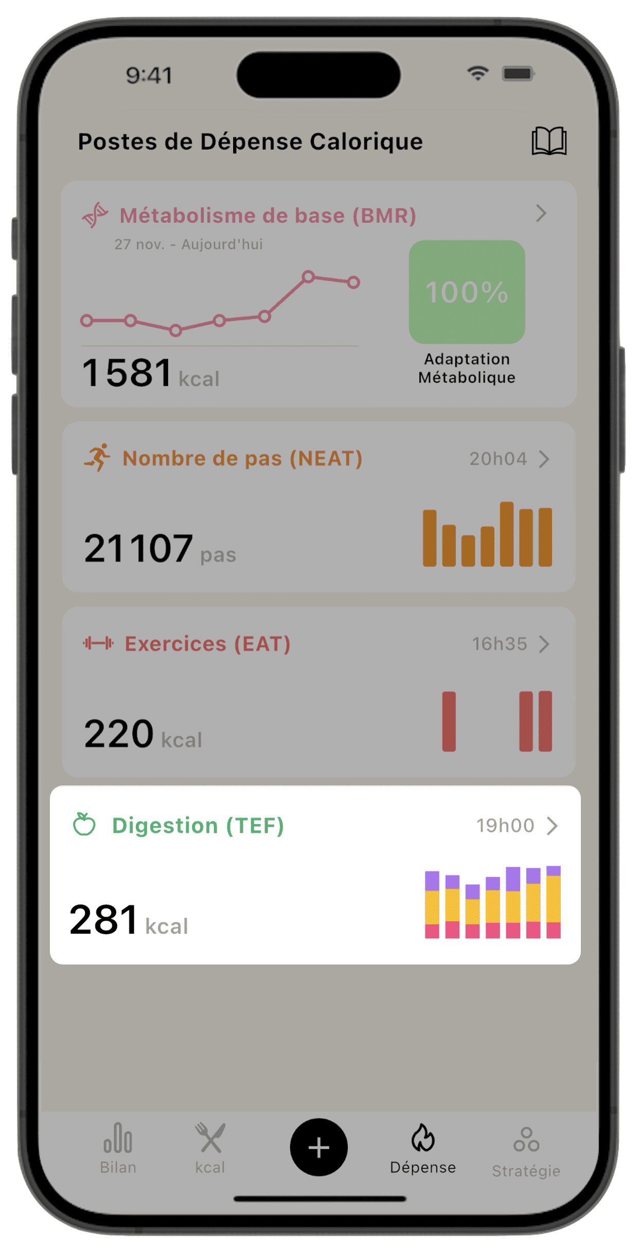 Écran de la Dépense Calorique sur l'application Lean, avec un focus sur le suivi de la digestion (TEF).