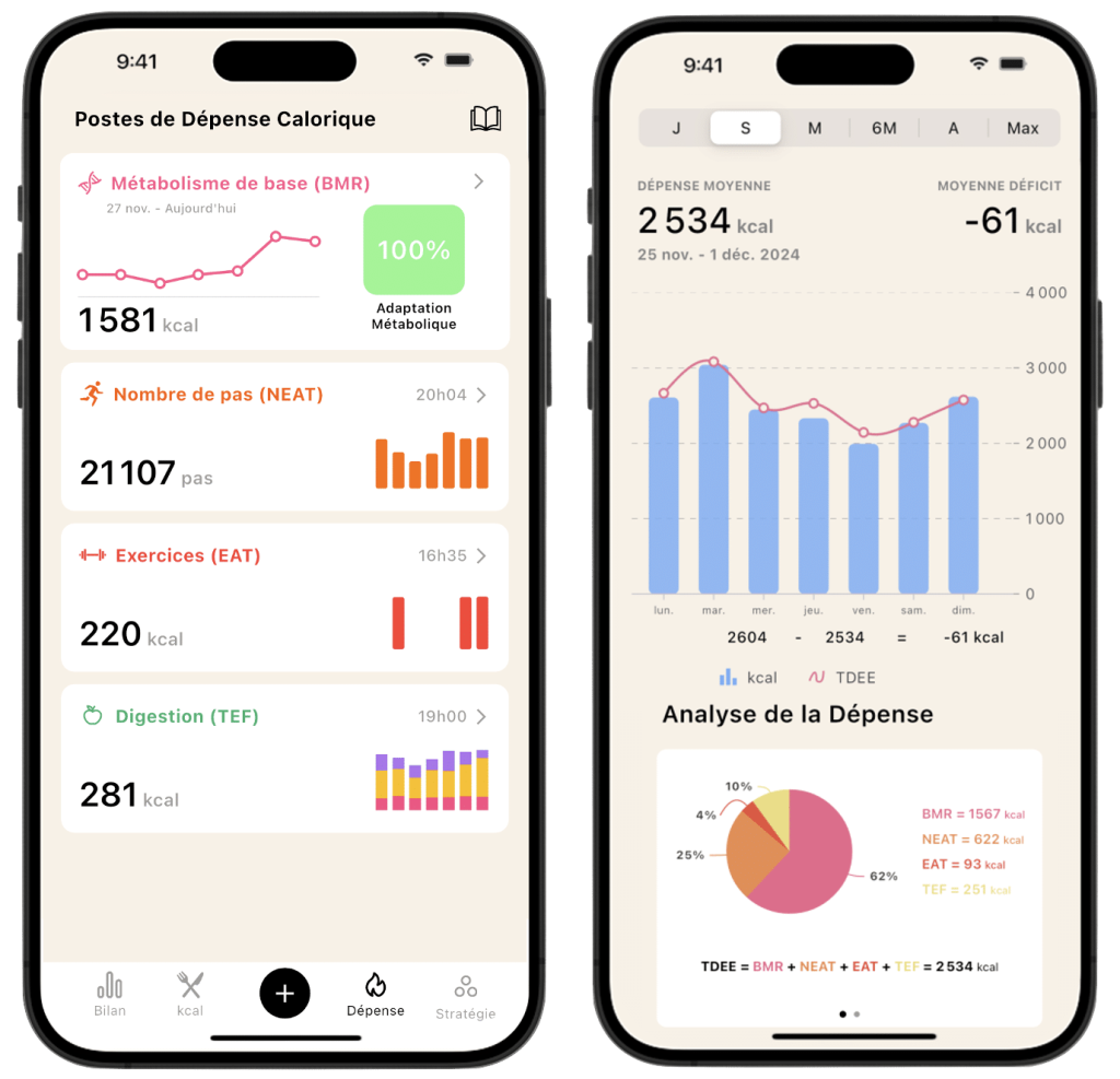 Calcul de la Dépense Énergétique Totale Journalière (TDEE) sur l'application Lean, montrant le total des calories brûlées.
