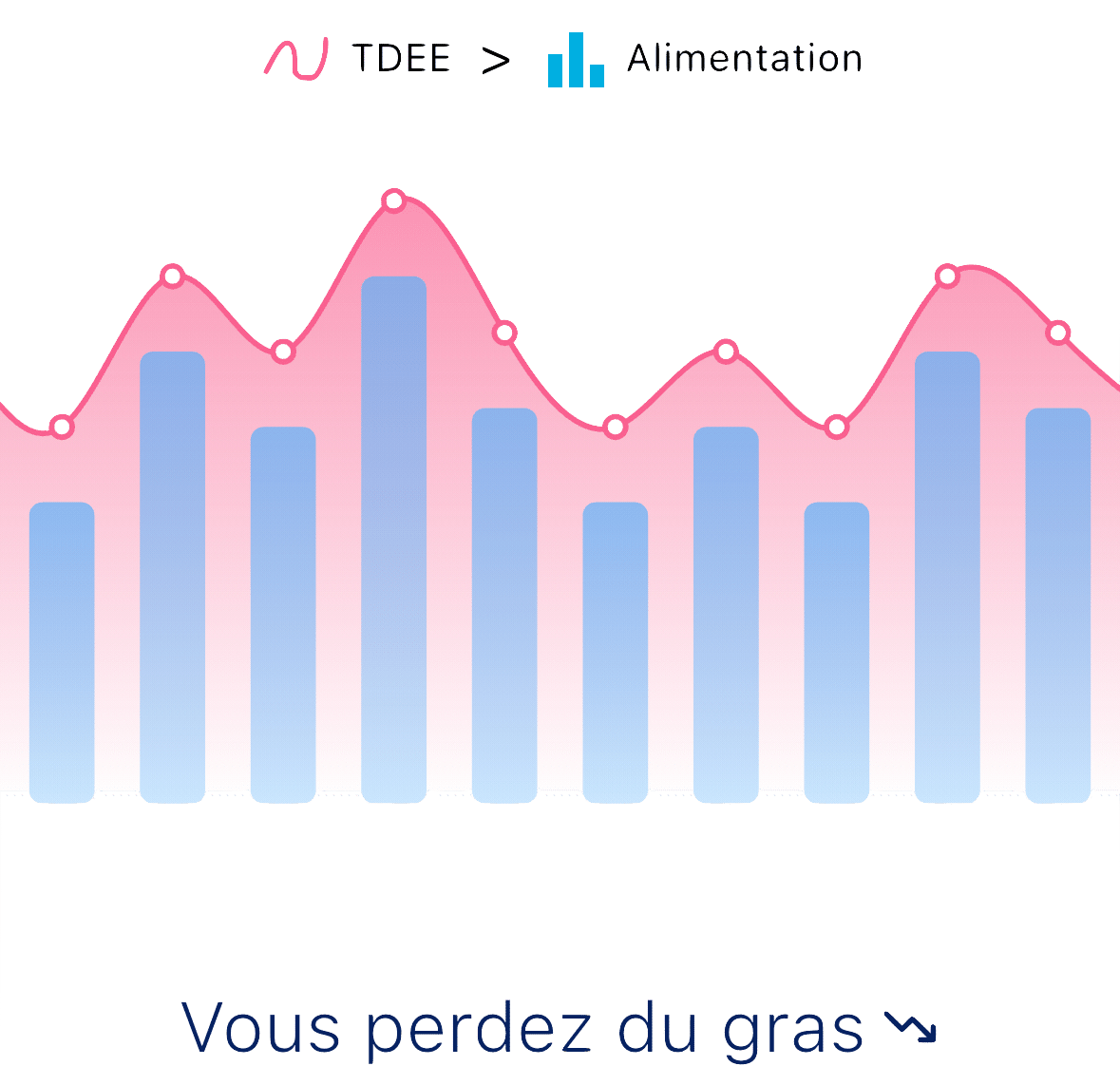 Graphique expliquant le déficit calorique pour la perte de gras, montrant que l'apport alimentaire doit être inférieur à la dépense énergétique totale (TDEE).