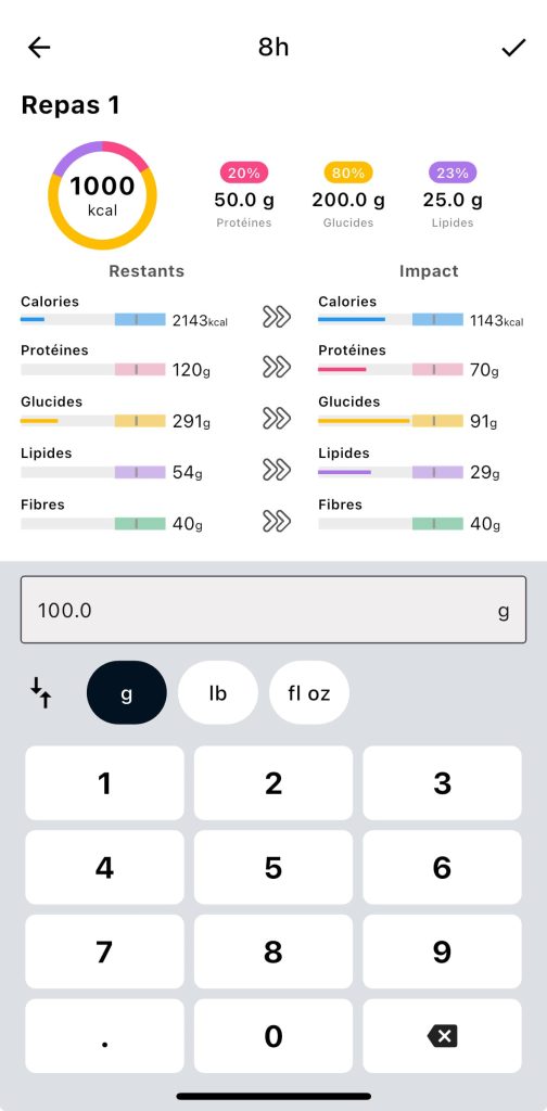 Écran des détails nutritionnels d'un repas personnalisé créé via "Ajout rapide" sur l'application Lean, montrant le total des calories et des macros.
