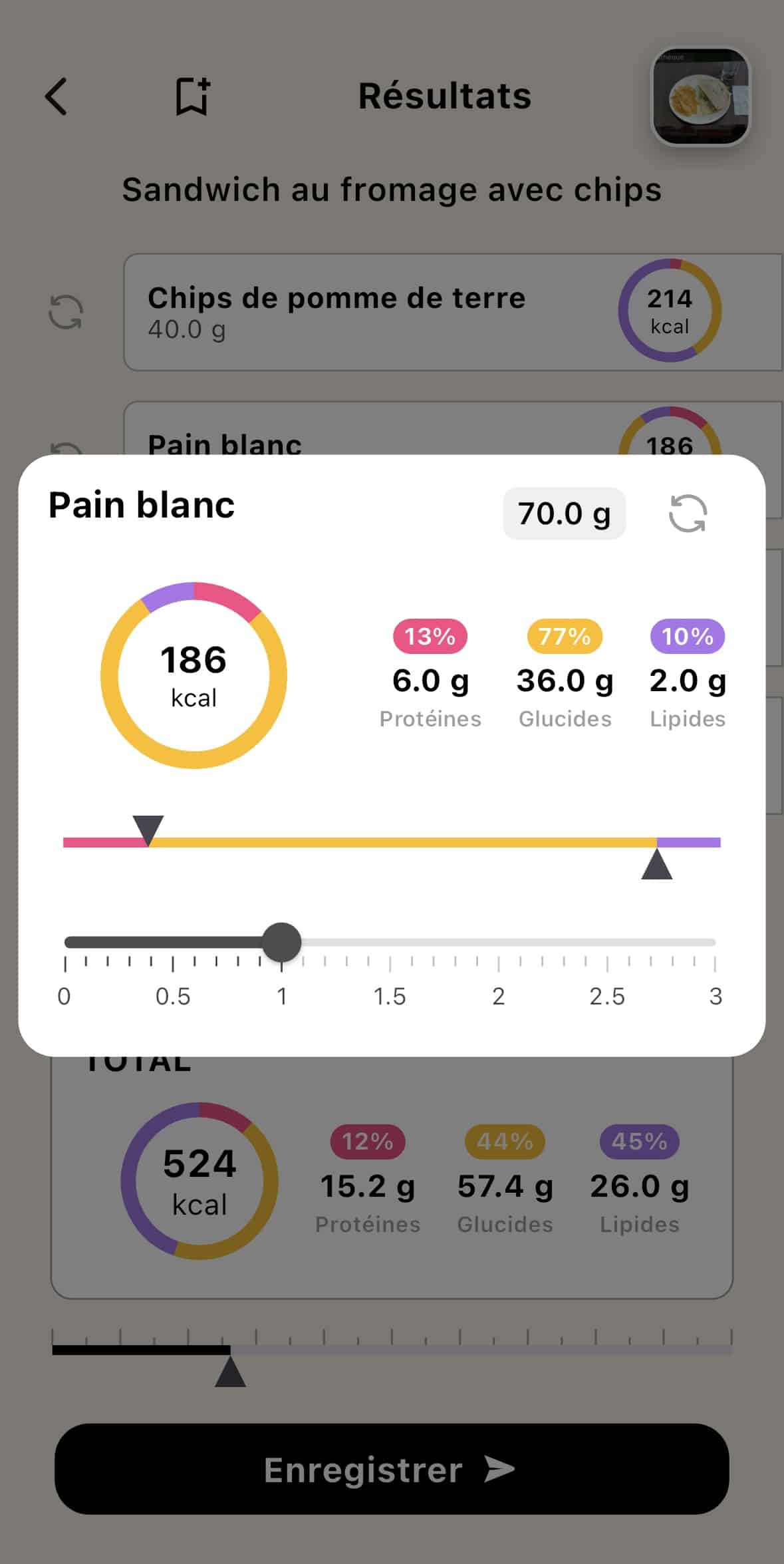 Interface de l'application Lean permettant de modifier et de recalibrer les quantités et les macronutriments d'un aliment après un scan IA.
