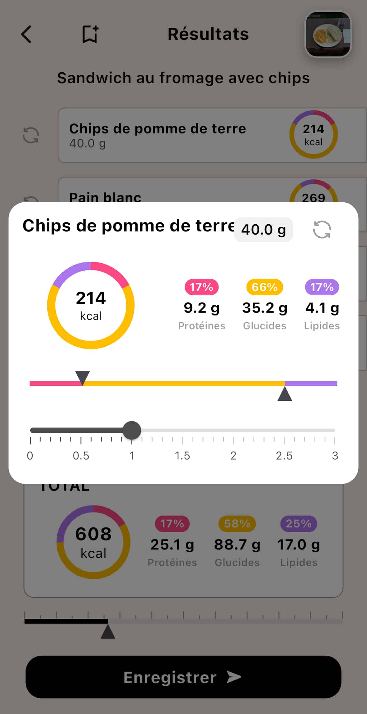 Écran de modification des macronutriments (protéines, glucides, lipides) pour un aliment analysé par l'IA de l'application Lean.