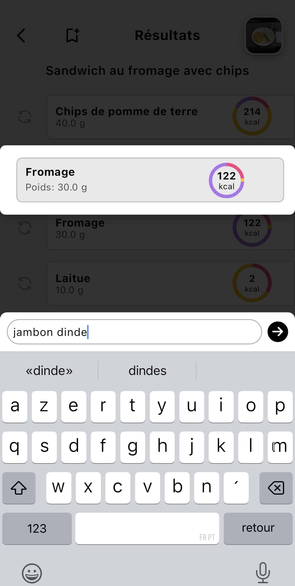 Interface de l'application Lean permettant de corriger une erreur du scan IA en recherchant un autre aliment ("jambon dinde") pour remplacer un ingrédient mal détecté.