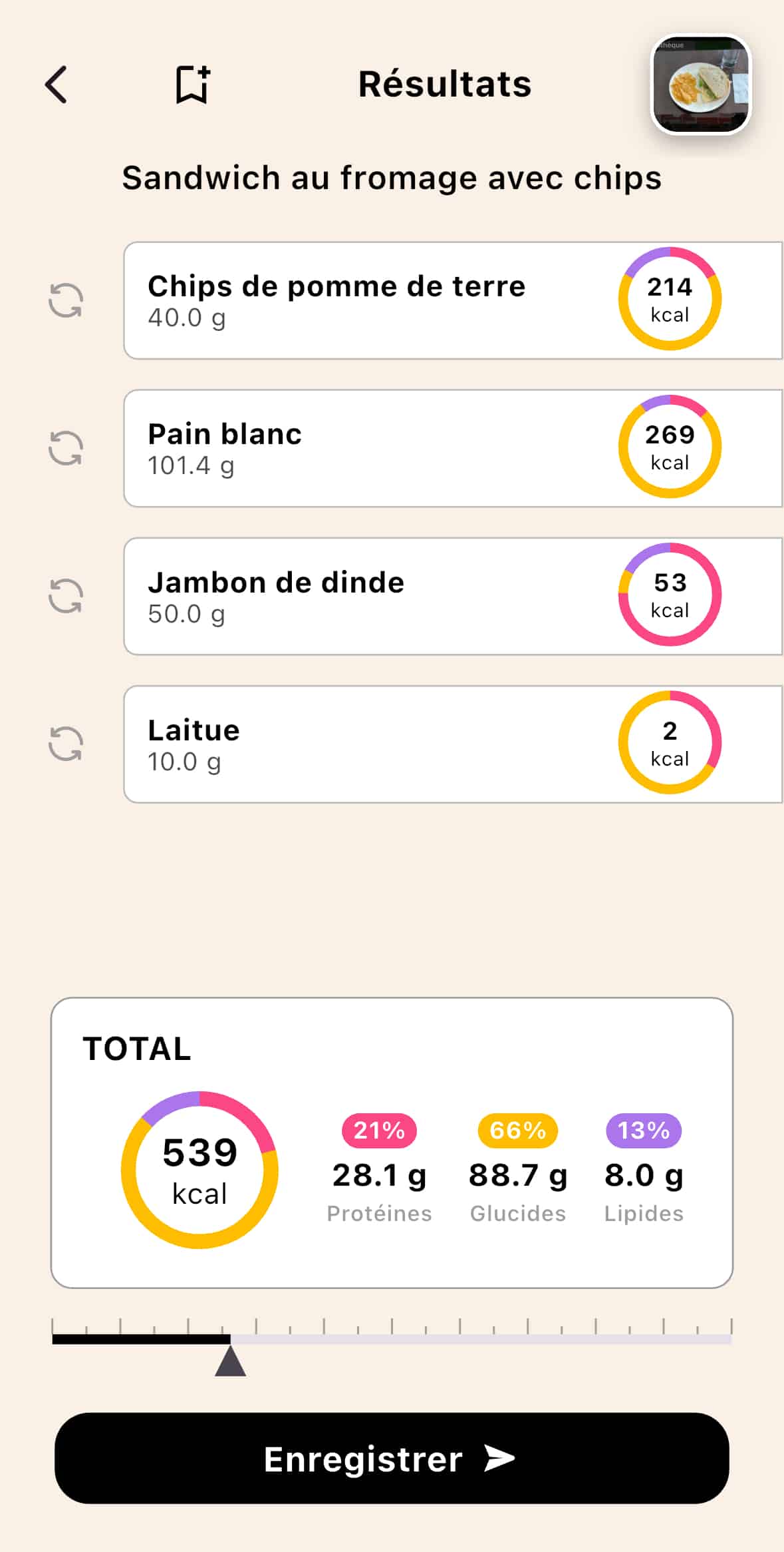 Résultat final sur l'application Lean après la correction d'un aliment par l'utilisateur, montrant le nouvel ingrédient ("Jambon de dinde") et le total calorique mis à jour.