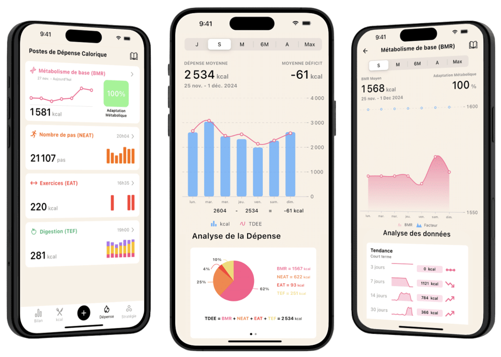 Vue d'ensemble des fonctionnalités de l'application Lean, montrant les écrans d'analyse de la dépense calorique, la décomposition de la TDEE et le suivi du métabolisme de base.