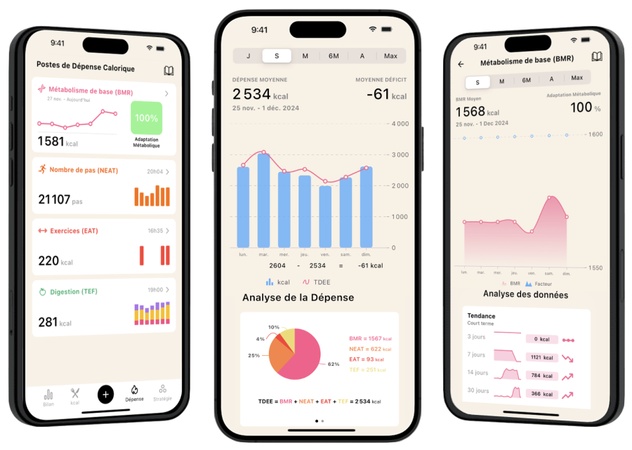 Vue d'ensemble des fonctionnalités de l'application Lean, montrant les écrans d'analyse de la dépense calorique, la décomposition de la TDEE et le suivi du métabolisme de base.