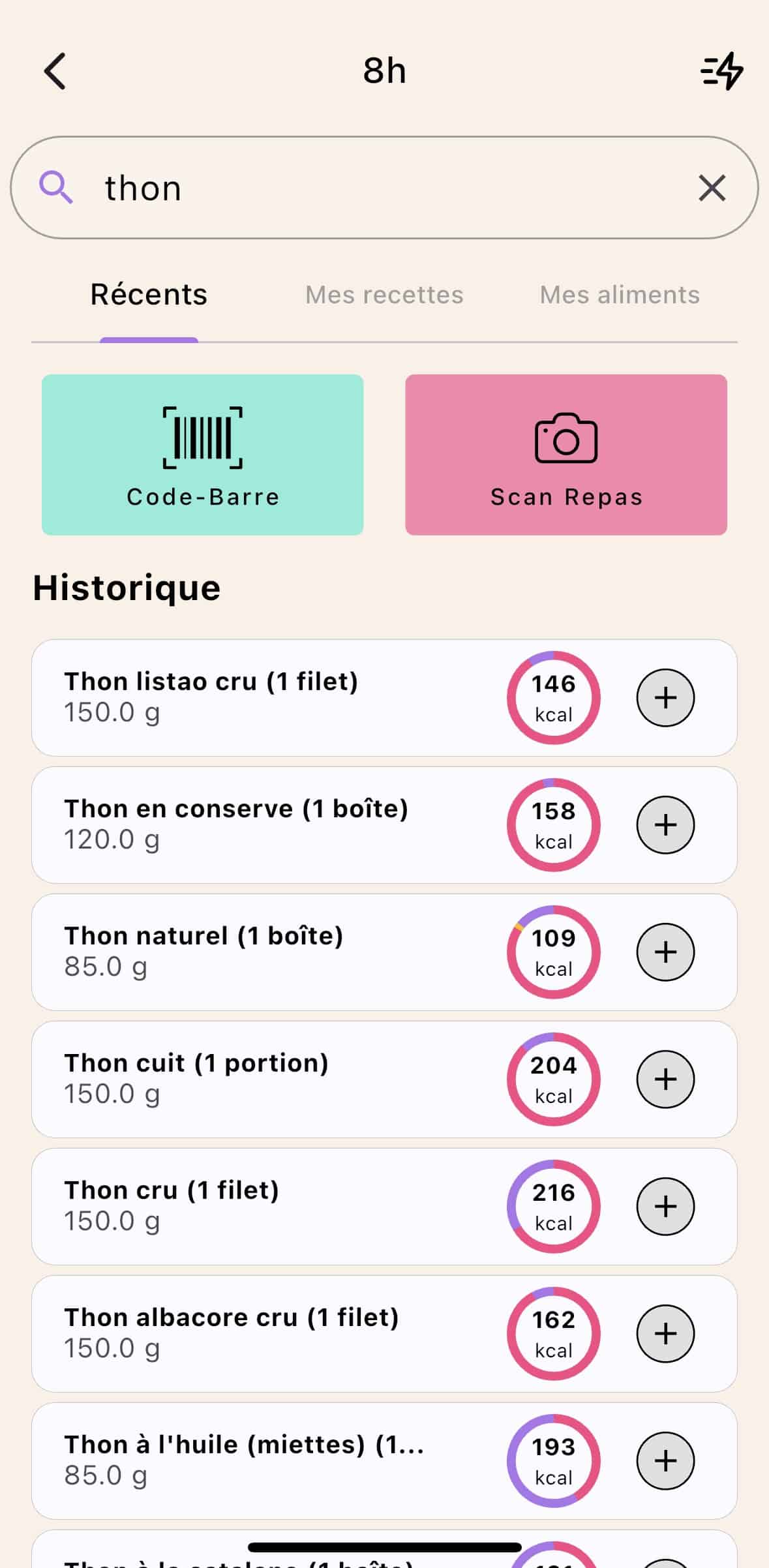 Interface d'ajout d'aliments de l'application Lean, montrant les options de recherche dans la base de données, de scan par code-barre et de scan de repas par IA.