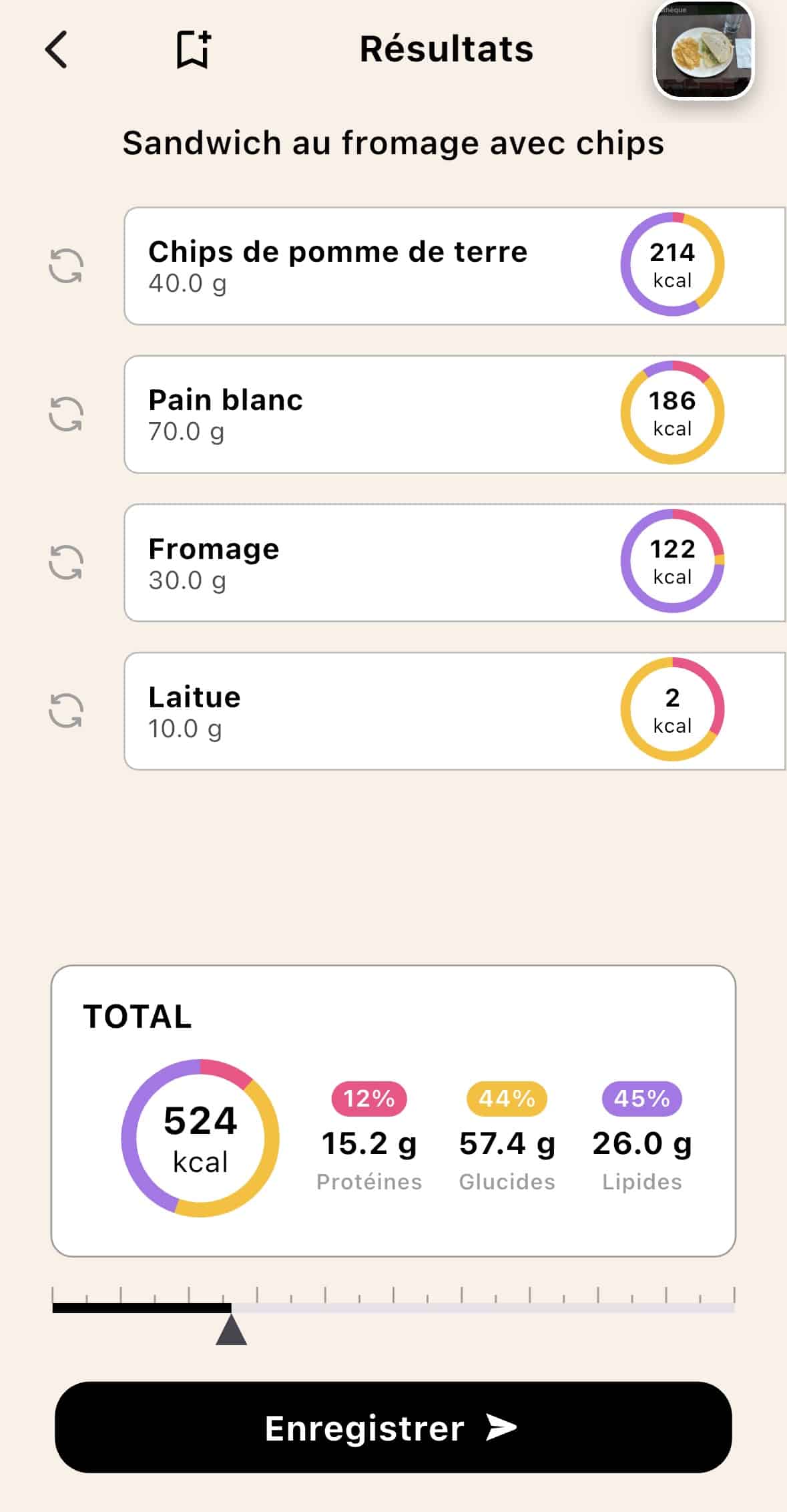 Résultats de l'analyse par scan IA de l'application Lean pour un sandwich au fromage, montrant le détail des calories et macronutriments.