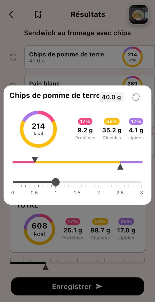 Écran de modification des macronutriments (protéines, glucides, lipides) pour un aliment analysé par l'IA de l'application Lean.