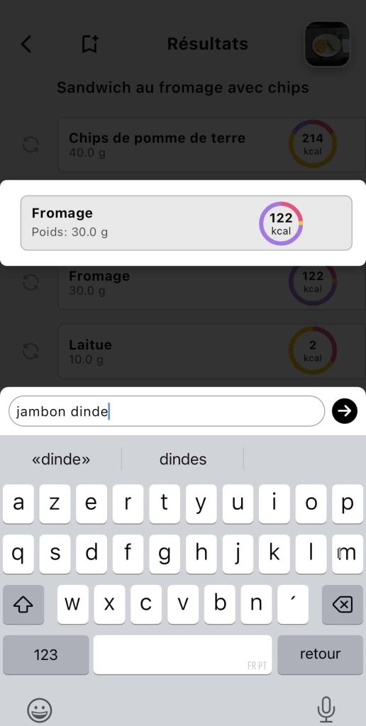Interface de l'application Lean permettant de corriger une erreur du scan IA en recherchant un autre aliment ("jambon dinde") pour remplacer un ingrédient mal détecté.