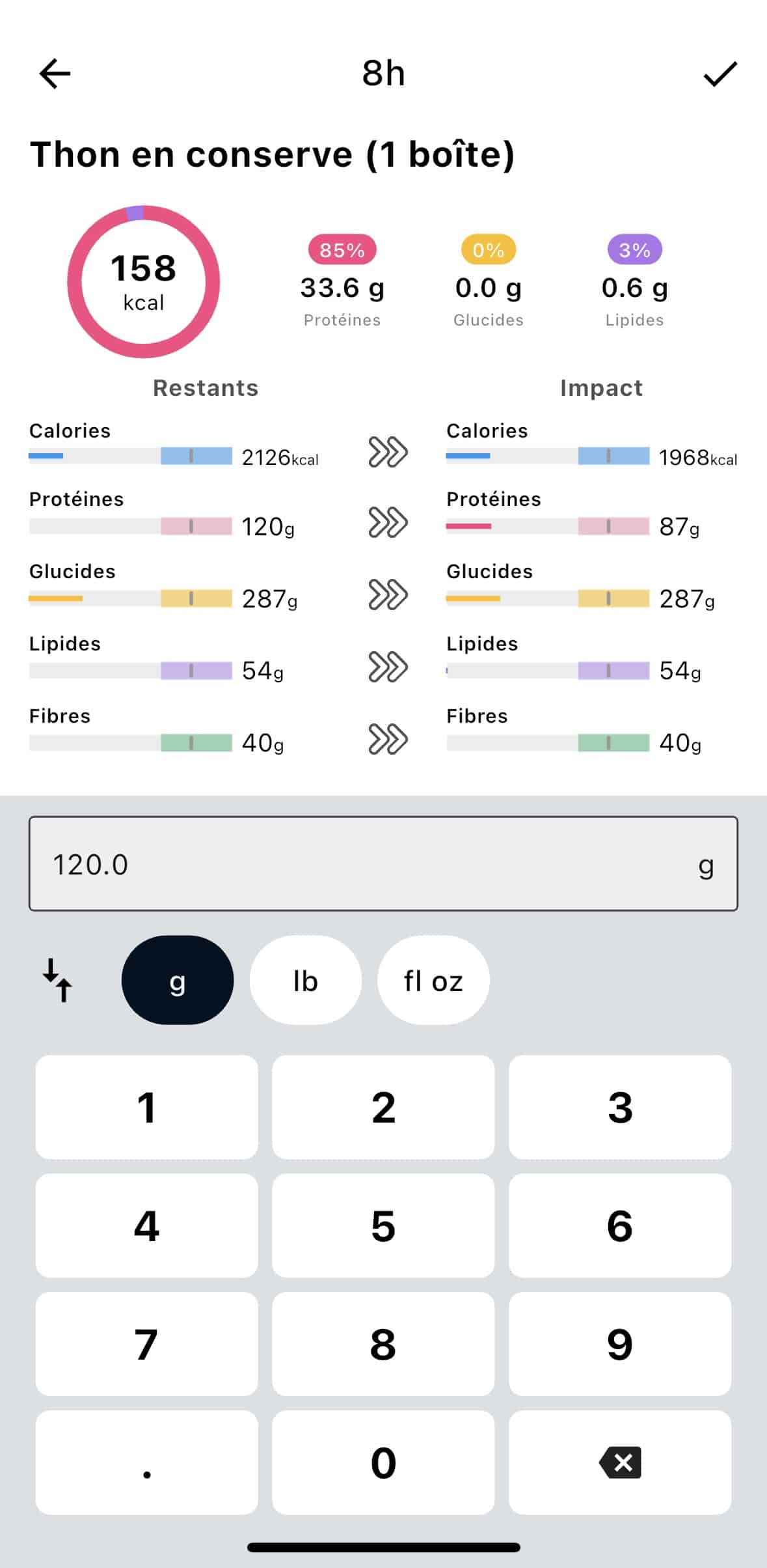 Écran des détails nutritionnels pour le thon en conserve sur l'application Lean, montrant les calories, les macros et l'impact sur les objectifs journaliers.