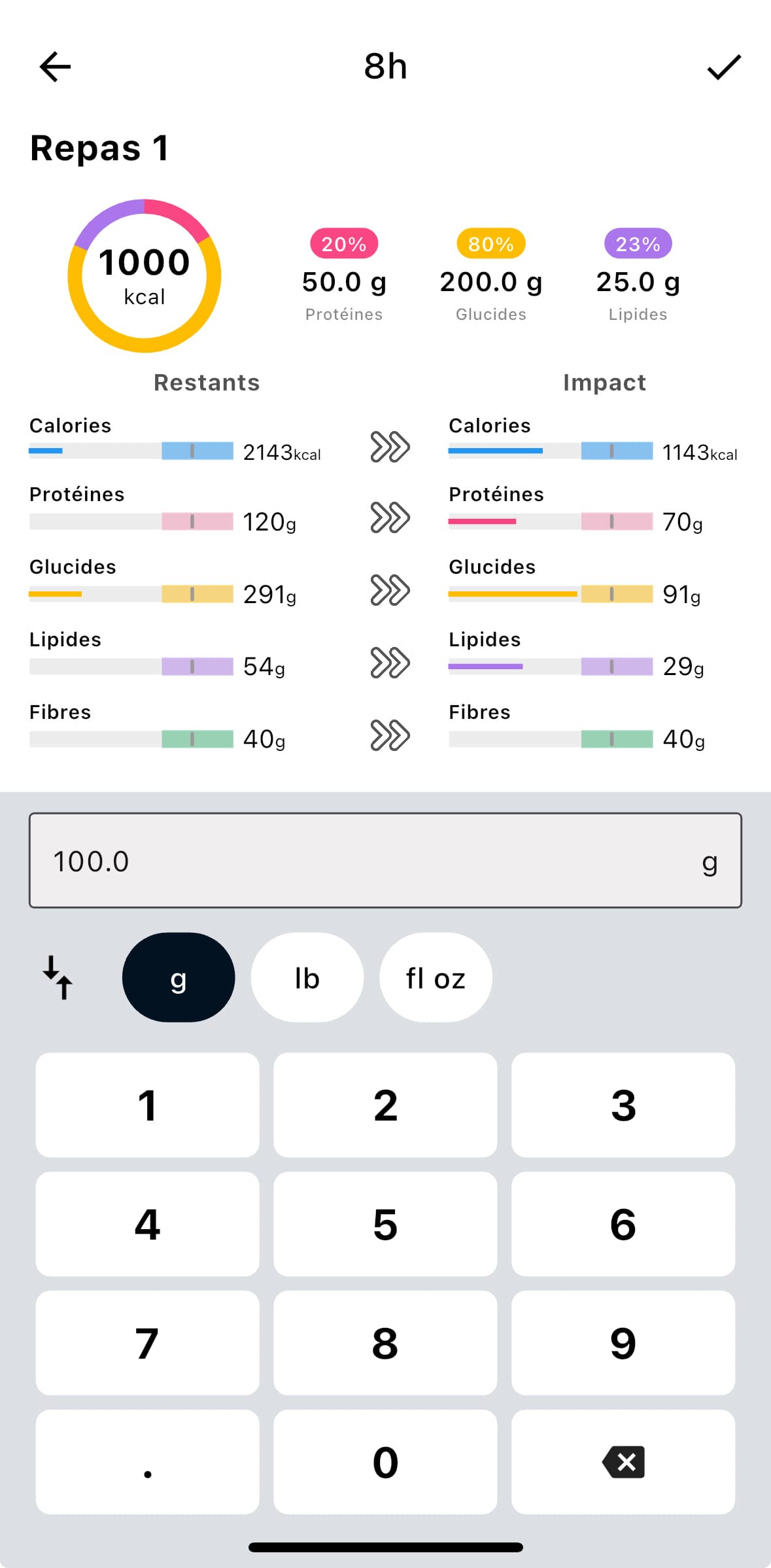 Écran des détails nutritionnels d'un repas personnalisé créé via "Ajout rapide" sur l'application Lean, montrant le total des calories et des macros.