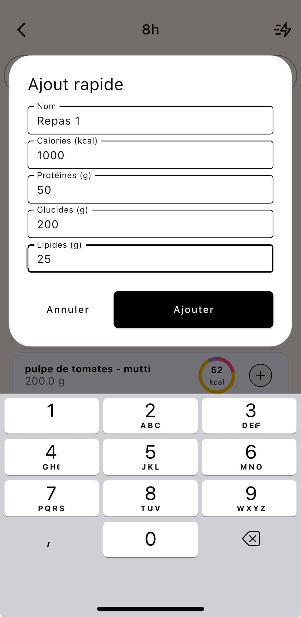 Fonctionnalité "Ajout rapide" de l'application Lean, permettant de saisir manuellement les calories et les macronutriments d'un repas complet.