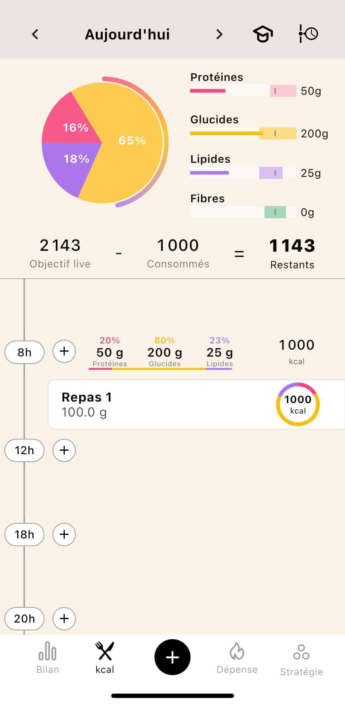 Résultat dans le journal alimentaire de l'application Lean après avoir utilisé la fonction "Ajout rapide" pour un repas.