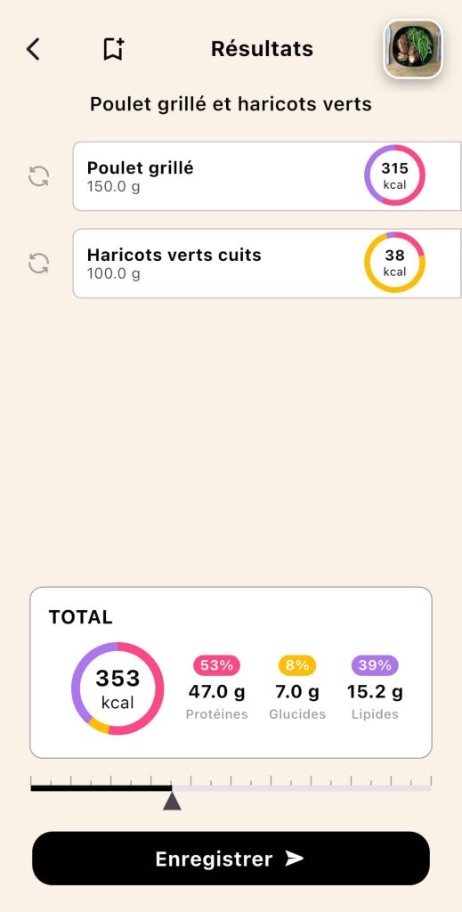 Résultats de l'analyse par scan IA d'un plat de poulet sur l'application Lean, montrant le détail des calories et des macronutriments.