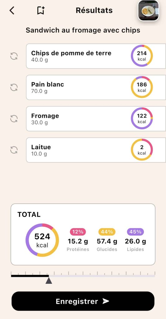 Résultats de l'analyse par scan IA de l'application Lean pour un sandwich au fromage, montrant le détail des calories et macronutriments.