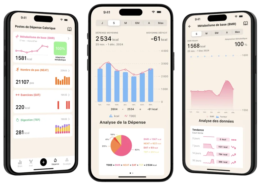 Vue d’ensemble des fonctionnalités de l’application Lean, montrant les écrans d’analyse de la dépense calorique, la décomposition de la TDEE et le suivi du métabolisme de base.