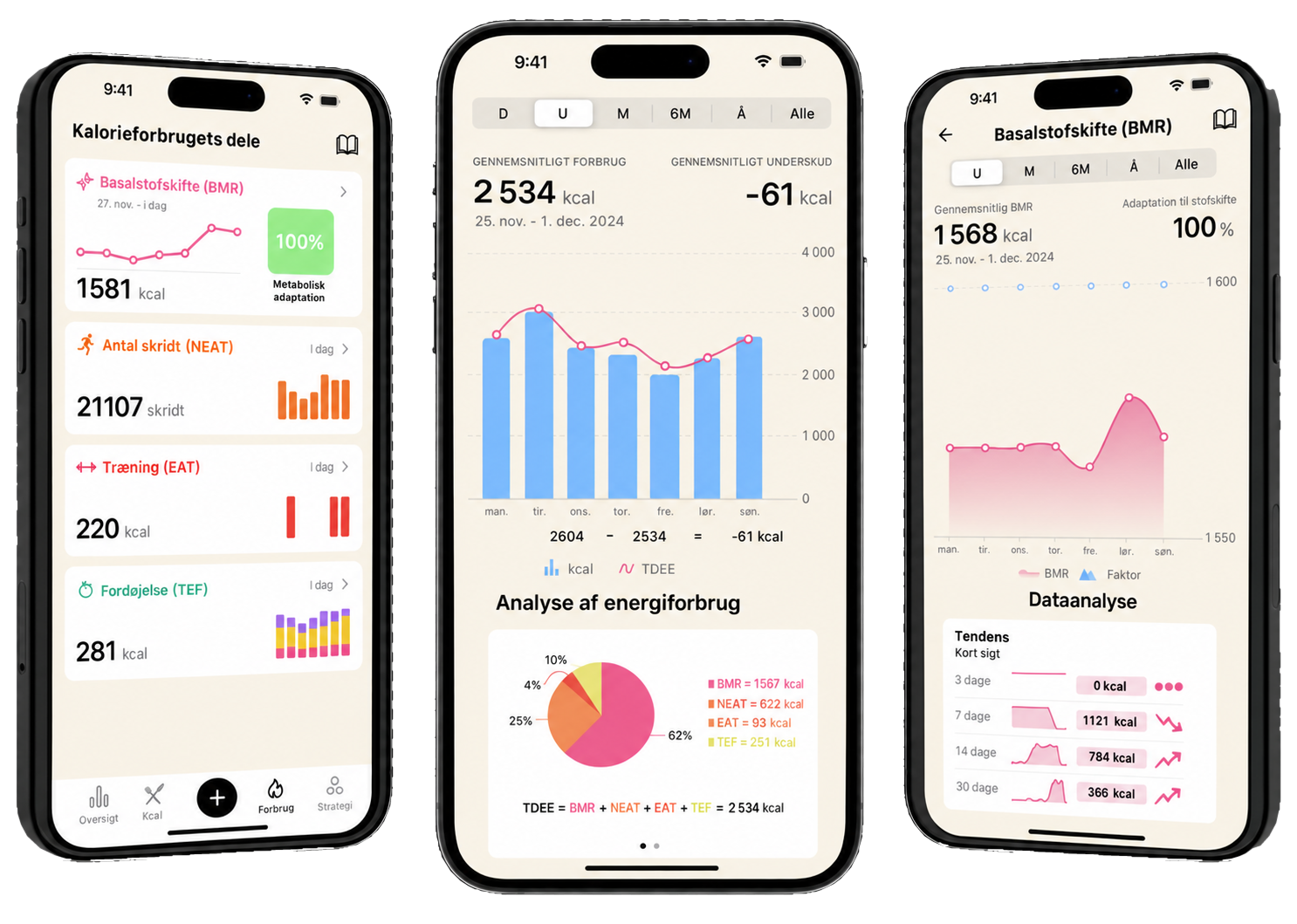Vue d&rsquo;ensemble des fonctionnalit&eacute;s de l&rsquo;application Lean, montrant les &eacute;crans d&rsquo;analyse de la d&eacute;pense calorique, la d&eacute;composition de la TDEE et le suivi du m&eacute;tabolisme de base.