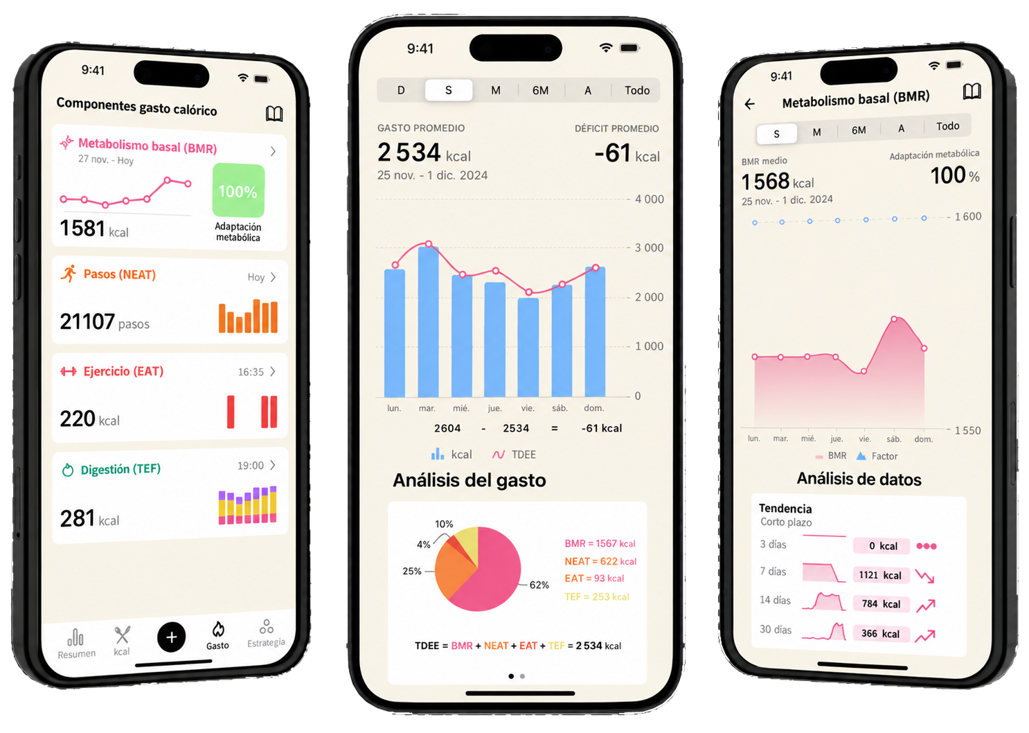 Vue d&rsquo;ensemble des fonctionnalit&eacute;s de l&rsquo;application Lean, montrant les &eacute;crans d&rsquo;analyse de la d&eacute;pense calorique, la d&eacute;composition de la TDEE et le suivi du m&eacute;tabolisme de base.