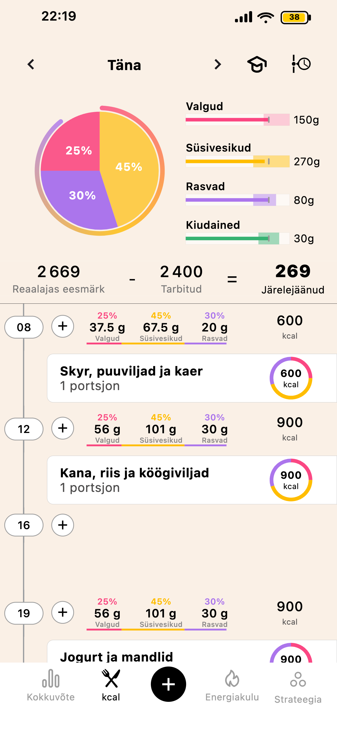 Toidukordade ja kalorite jälgimine rakenduses Lean
