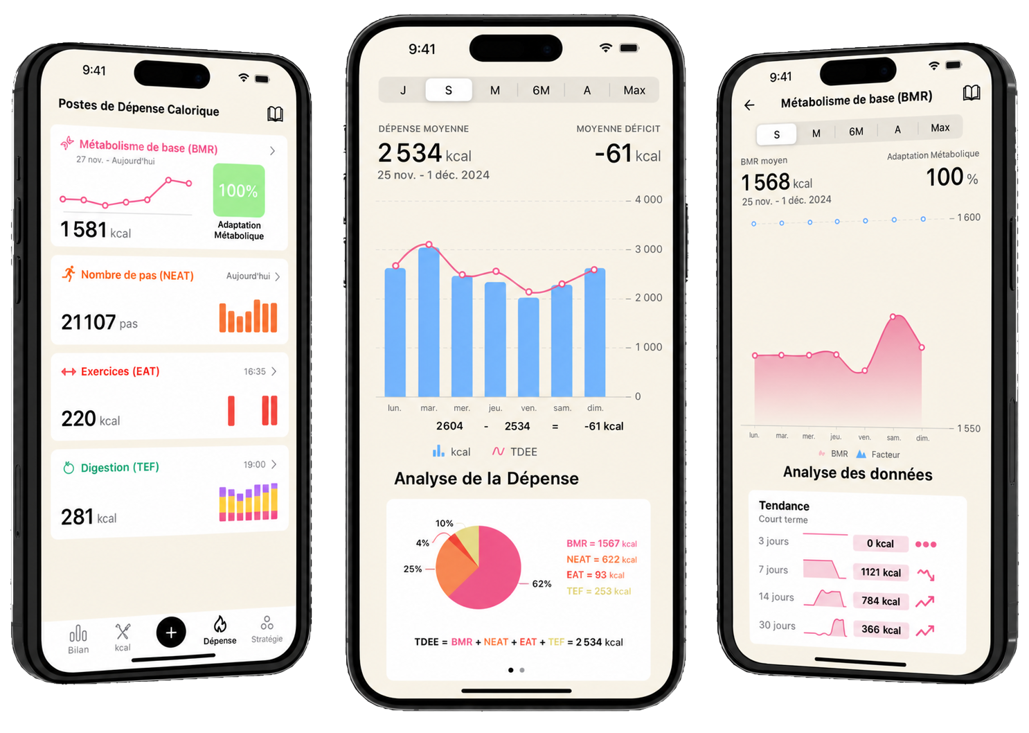 Vue d&rsquo;ensemble des fonctionnalit&eacute;s de l&rsquo;application Lean, montrant les &eacute;crans d&rsquo;analyse de la d&eacute;pense calorique, la d&eacute;composition de la TDEE et le suivi du m&eacute;tabolisme de base.